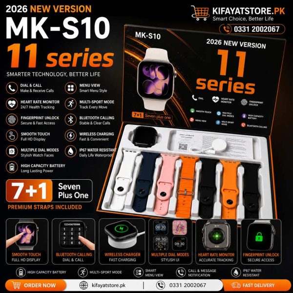 MK-S10 Series 11 Smart Watch 7+1 Straps | Bluetooth Calling | Wireless Charging | Heart Rate Monitor | IP67 Water Resistant