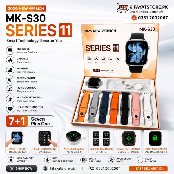 MK-S30 Series 11 Smart Watch 7+1 Straps | Bluetooth Calling | Wireless Charging | Heart Rate Monitor | IP67 Waterproof