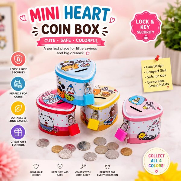 Mini Heart Shape Metal Money Box with Lock & Key – Cute Coin Saving Box for Kids