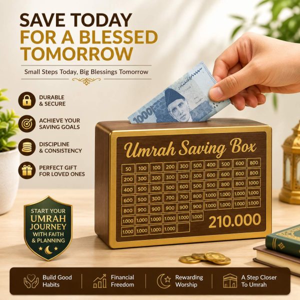 Umrah Saving Box – Wooden Money Saving Box with Savings Tracker | Islamic Gift & Donation Box