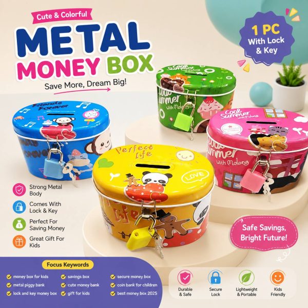 1PC Cute Metal Money Box with Lock & Key | Cartoon Coin Saving Box for Kids