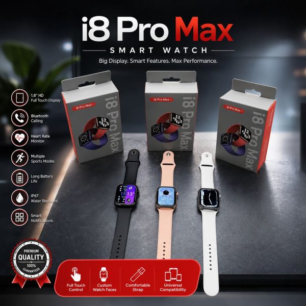 i8 Pro Max Smart Watch – Bluetooth Calling | HD Display | Fitness Tracker | Black Silicone Strap