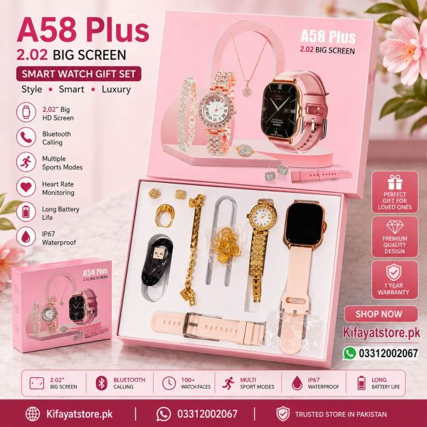 A58 Plus 2.02" Smart Watch Gift Set for Women – Bluetooth Calling Smartwatch with Luxury Jewelry Set | Pink