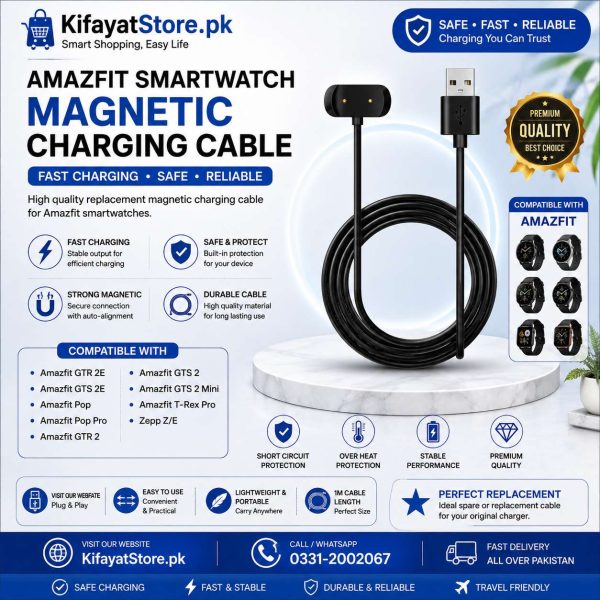 Amazfit Smartwatch Magnetic Charging Cable – GTR 2, GTR 2E, GTS 2, GTS 2E, GTS 2 Mini, Pop & T-Rex Pro