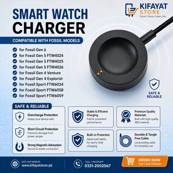 Fossil Smart Watch Magnetic Charging Cable – Compatible with Fossil Gen 6, Gen 5 & Gen 4