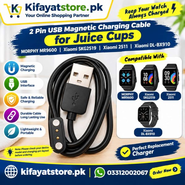 2 Pin USB Magnetic Charging Cable for Smart Watches – Replacement Charger for Morphy MR9600, Xiaomi SKG2519, Xiaomi 2511 & DL-BX910