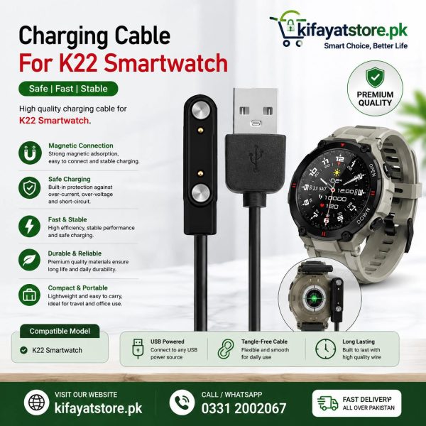 K22 Smartwatch Charging Cable – USB Magnetic Charger for K22 Smart Watch