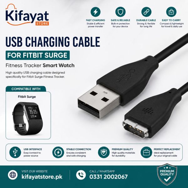 USB Charging Cable for Fitbit Surge Fitness Tracker Smart Watch – Replacement Charging Cable